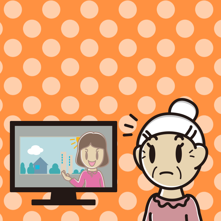 テレビを見て気付くおばあさんのイラスト【色、背景あり】PNG