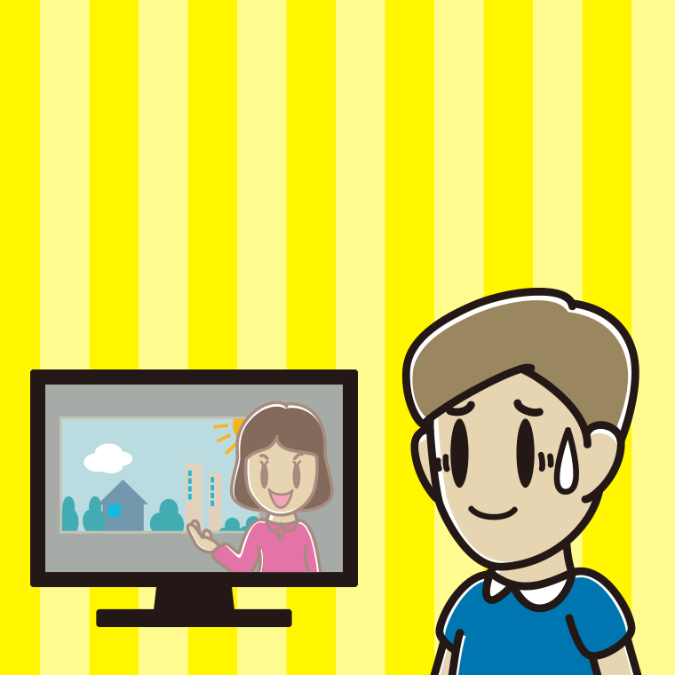 テレビを見て苦笑いする男性のイラスト【色、背景あり】PNG