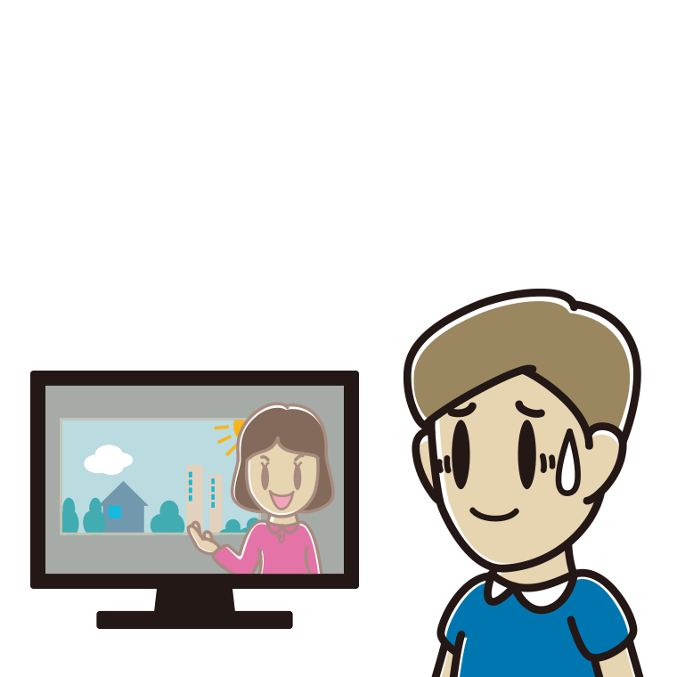 テレビを見て苦笑いする男性のイラスト【色あり、背景なし】透過PNG