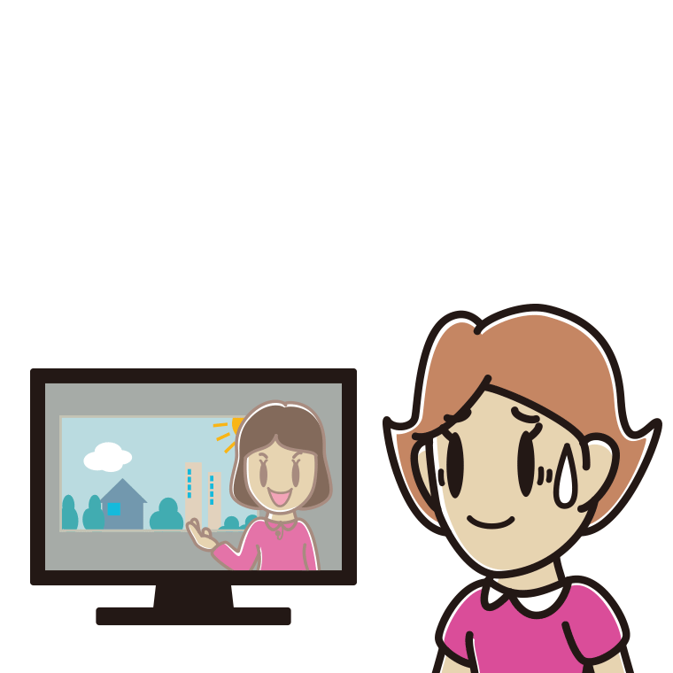 テレビを見て苦笑いする女性のイラスト【色あり、背景なし】透過PNG