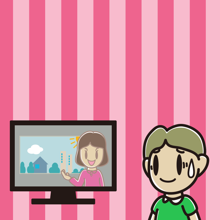 テレビを見て苦笑いする小学生男子のイラスト【色、背景あり】PNG