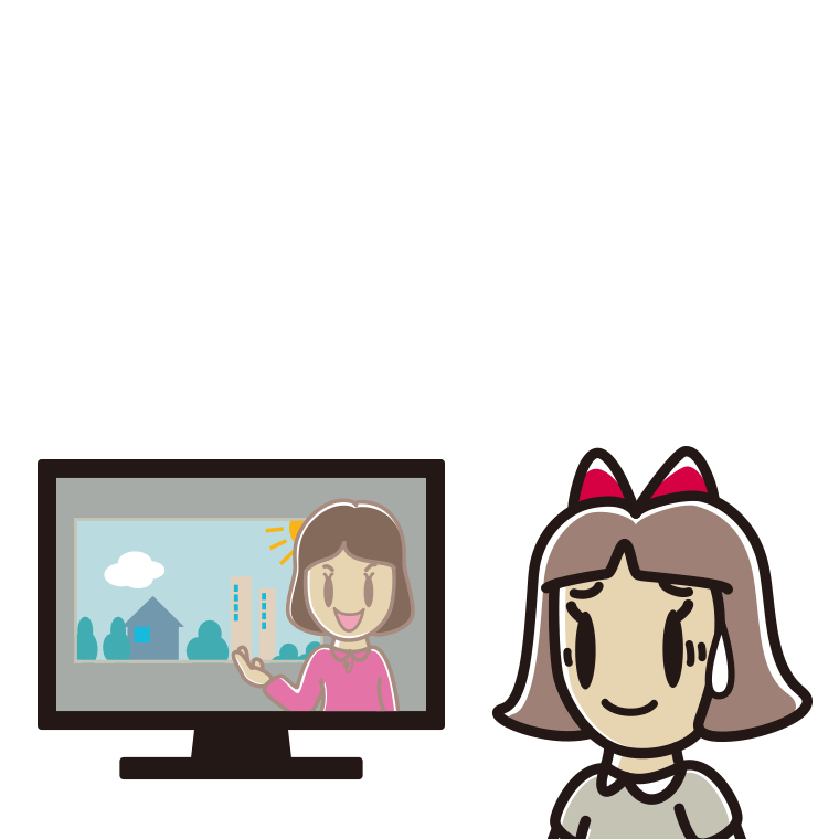 テレビを見て苦笑いする小学生女子のイラスト【色あり、背景なし】透過PNG