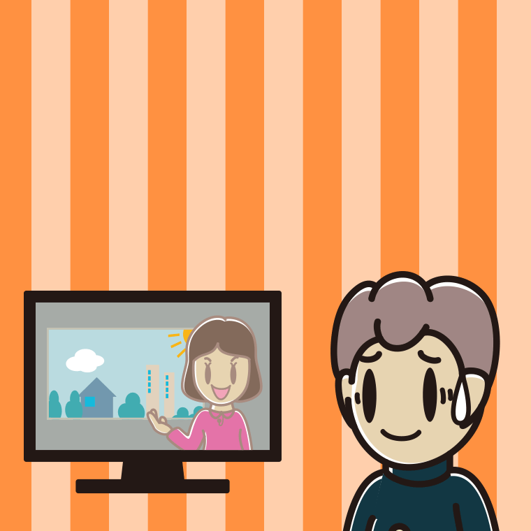 テレビを見て苦笑いする男子中学生のイラスト【色、背景あり】PNG