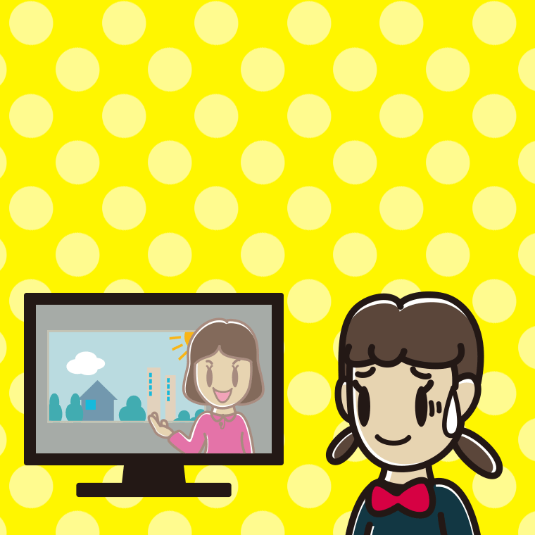 テレビを見て苦笑いする女子中学生のイラスト【色、背景あり】PNG