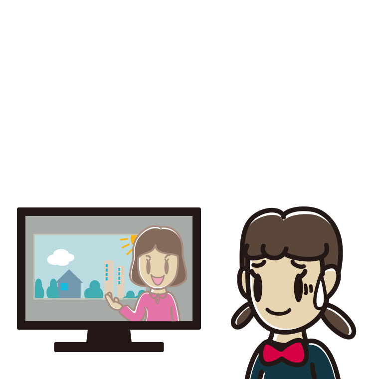 テレビを見て苦笑いする女子中学生のイラスト【色あり、背景なし】透過PNG