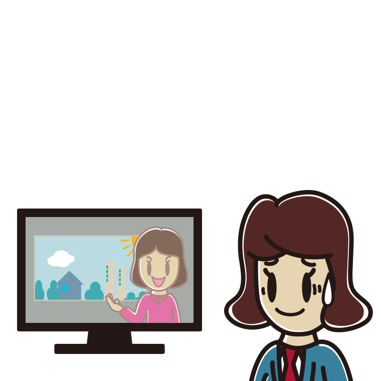 テレビを見て苦笑いする女子高校生のイラスト【色あり、背景なし】透過PNG