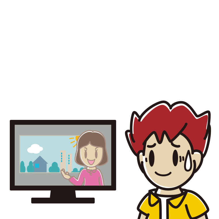 テレビを見て苦笑いする男子大学生のイラスト【色あり、背景なし】透過PNG