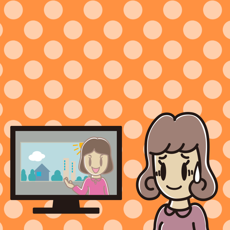 テレビを見て苦笑いする女子大学生のイラスト【色、背景あり】PNG