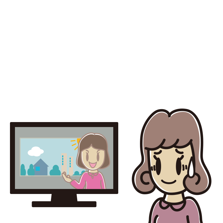 テレビを見て苦笑いする女子大学生のイラスト【色あり、背景なし】透過PNG