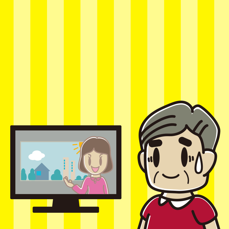 テレビを見て苦笑いするおじさんのイラスト【色、背景あり】PNG