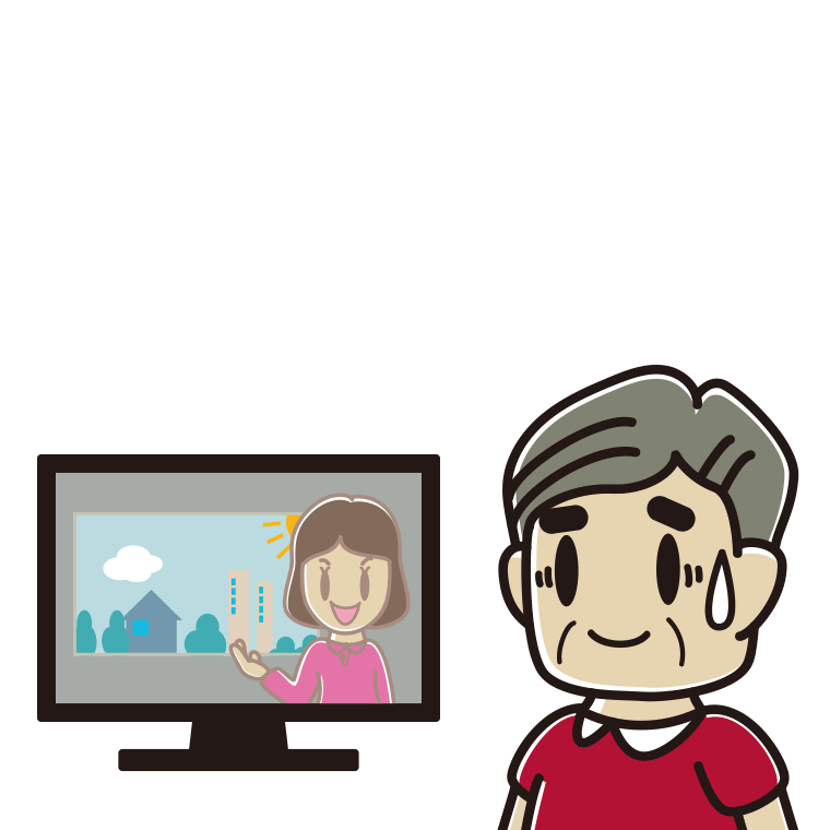 テレビを見て苦笑いするおじさんのイラスト【色あり、背景なし】透過PNG