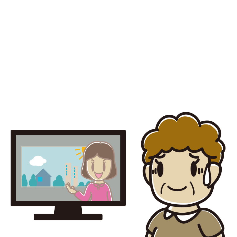 テレビを見て苦笑いするおばさんのイラスト【色あり、背景なし】透過PNG