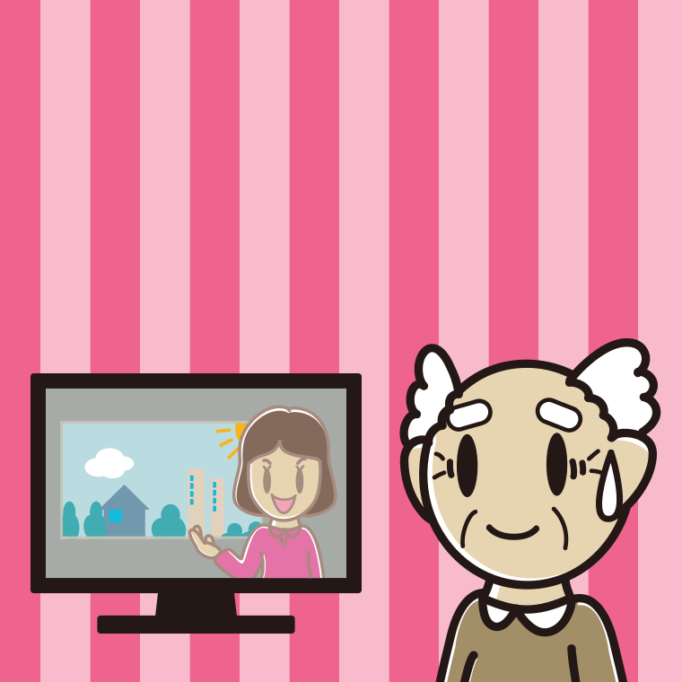 テレビを見て苦笑いするおじいさんのイラスト【色、背景あり】PNG