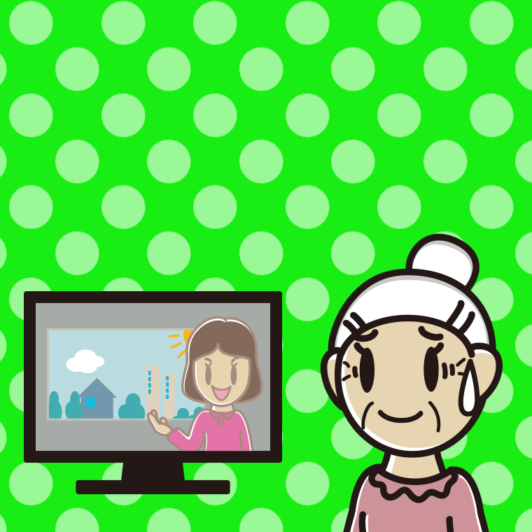 テレビを見て苦笑いするおばあさんのイラスト【色、背景あり】PNG