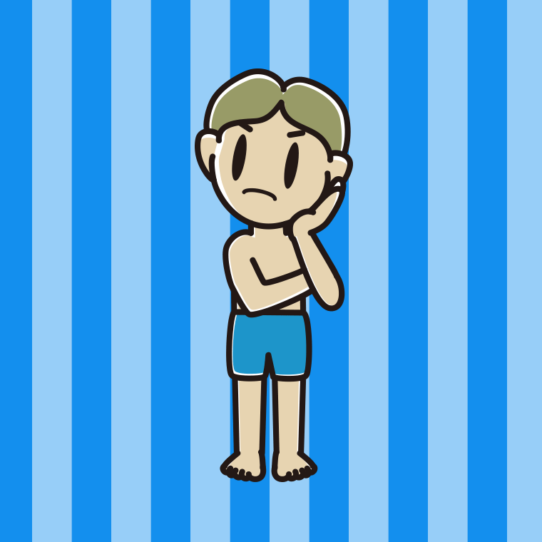 考える水着の小学生男子のイラスト【色、背景あり】PNG