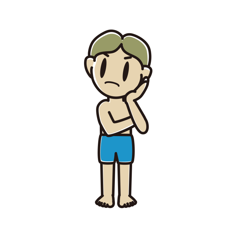 考える水着の小学生男子のイラスト【色あり、背景なし】透過PNG