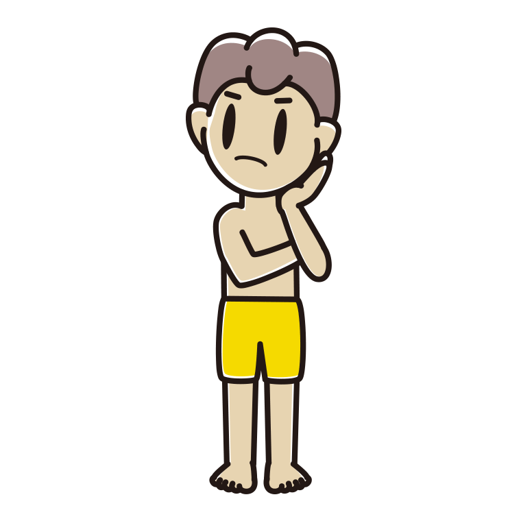 考える水着の男子中学生のイラスト【色あり、背景なし】透過PNG