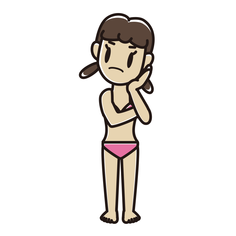 考える水着の女子中学生のイラスト【色あり、背景なし】透過PNG