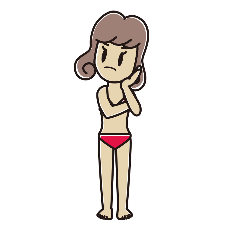 考える水着の女子大学生のイラスト【色あり、背景なし】透過PNG