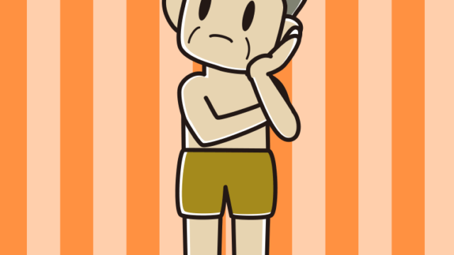 考える水着のおじさんのイラスト【色、背景あり】PNG