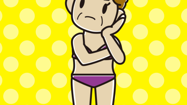 考える水着のおばさんのイラスト【色、背景あり】PNG