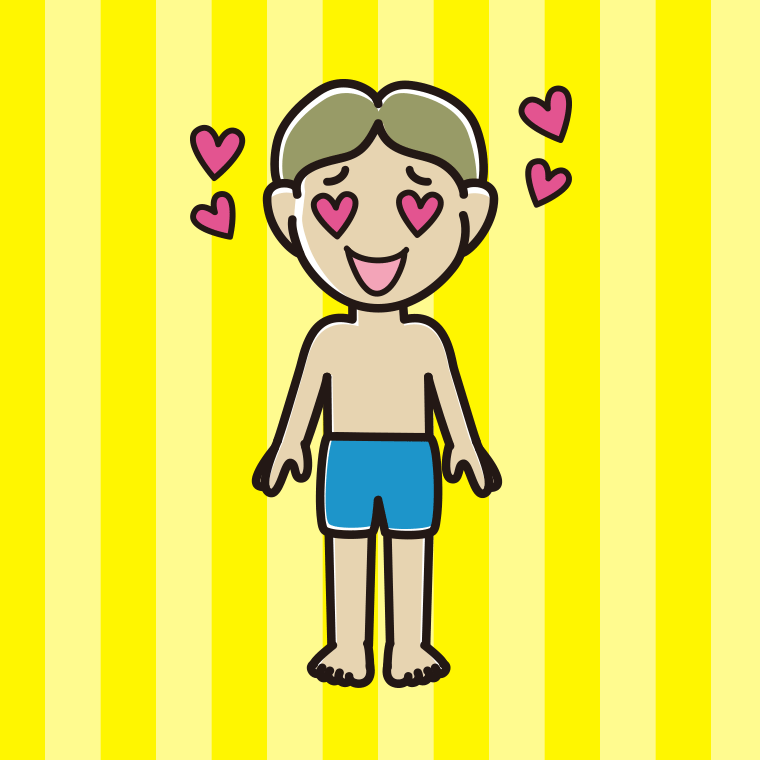 目がハートの水着の小学生男子のイラスト【色、背景あり】PNG