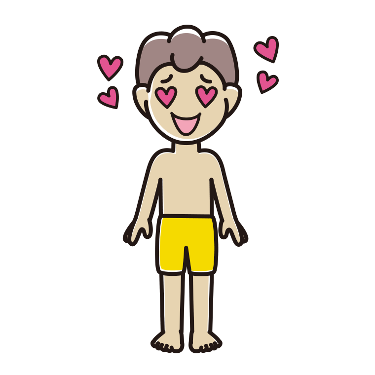 目がハートの水着の男子中学生のイラスト【色あり、背景なし】透過PNG