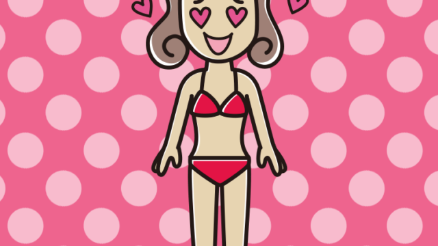 目がハートの水着の女子大学生のイラスト【色、背景あり】PNG