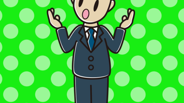 考えながら話す男性会社員のイラスト【色、背景あり】PNG