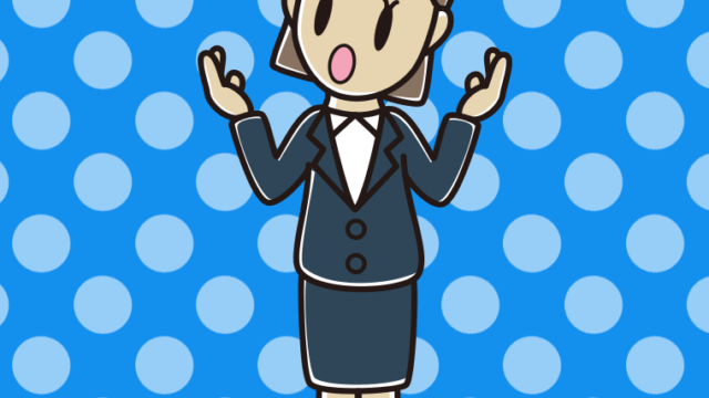 考えながら話す女性会社員のイラスト【色、背景あり】PNG