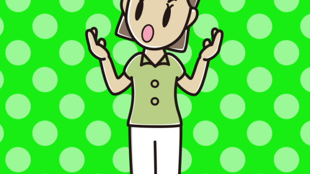 考えながら話す女性会社員（クールビズ）のイラスト【色、背景あり】PNG