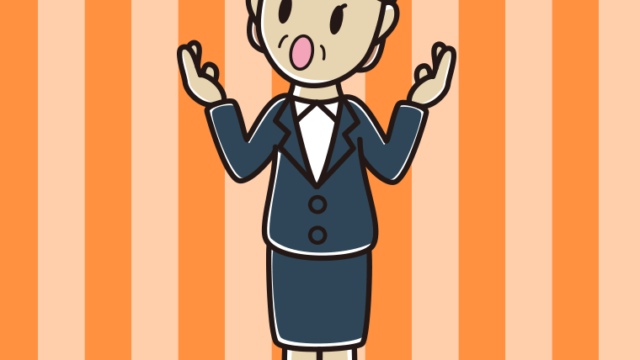 考えながら話す年配女性会社員のイラスト【色、背景あり】PNG