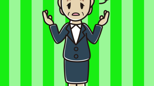 ぼーっとしながら話す年配女性会社員のイラスト【色、背景あり】PNG