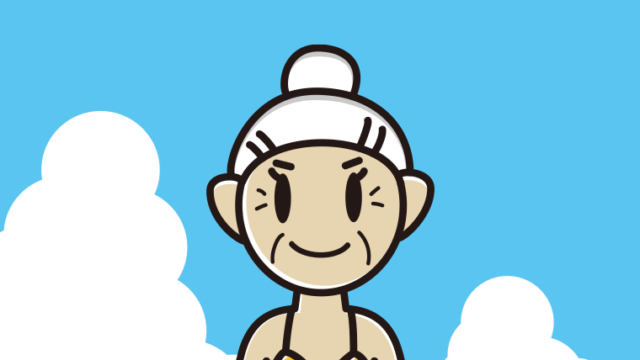 海に入っているおばあさんのイラスト【色、背景あり】PNG