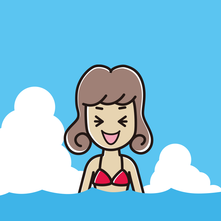 海に入って笑う女子大学生のイラスト【色、背景あり】PNG