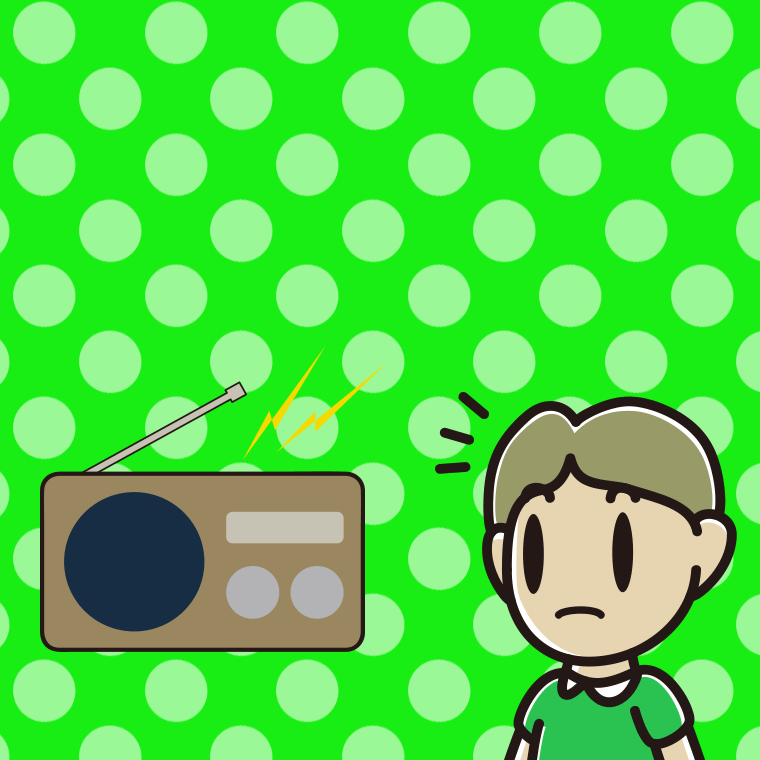 ラジオを聴いて気付く小学生男子のイラスト【色、背景あり】PNG