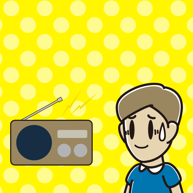 ラジオを聴いて苦笑いする男性のイラスト【色、背景あり】PNG