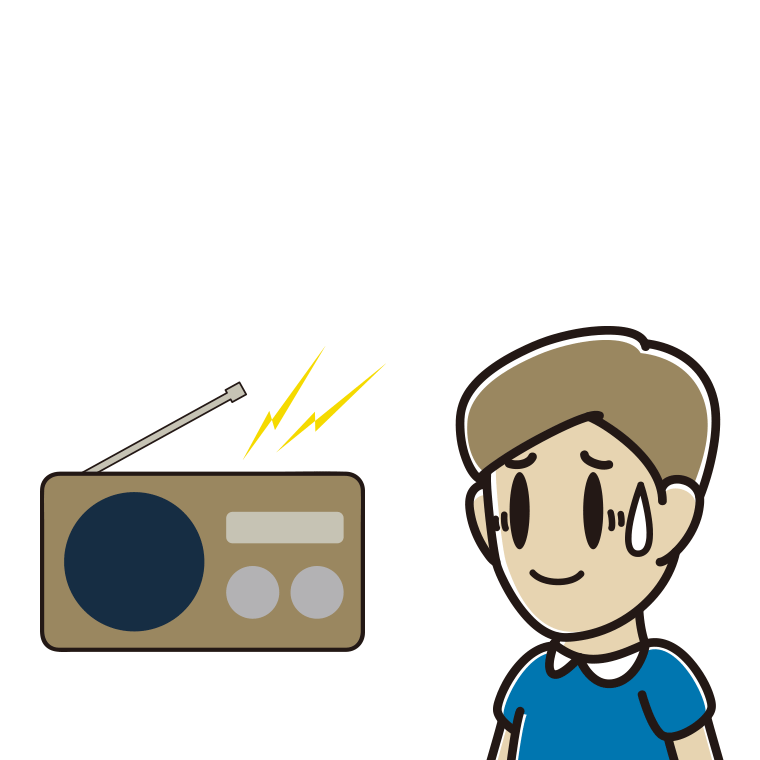 ラジオを聴いて苦笑いする男性のイラスト【色あり、背景なし】透過PNG