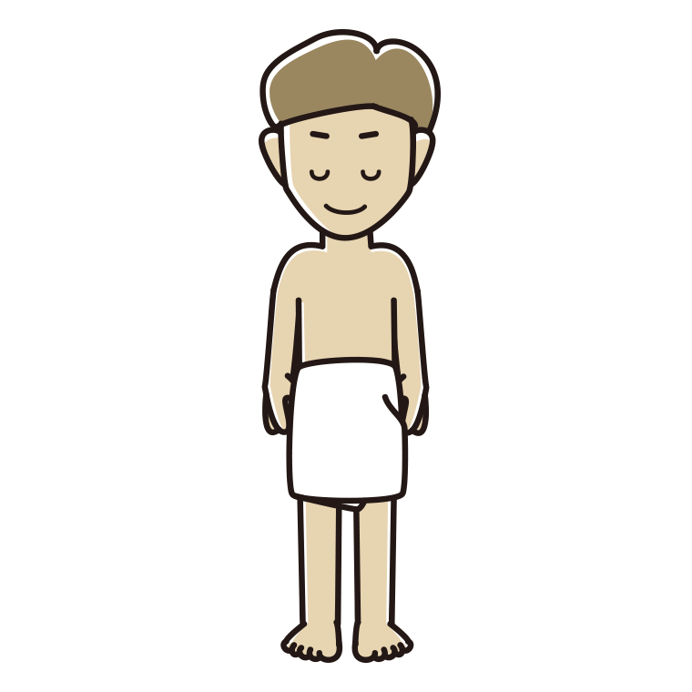 お辞儀するバスタオル姿の男性のイラスト【色あり、背景なし】透過PNG