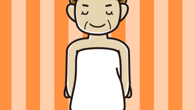 お辞儀するバスタオル姿のおばさんのイラスト【色、背景あり】PNG