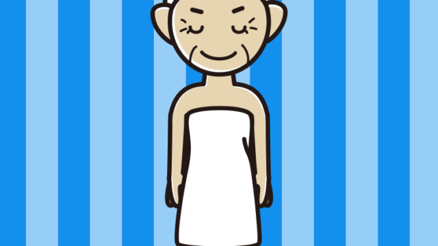 お辞儀するバスタオル姿のおばあさんのイラスト【色、背景あり】PNG