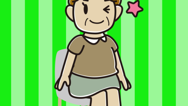 椅子でウインクするおばさんのイラスト【色、背景あり】PNG