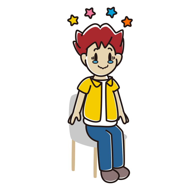 椅子でジーンとする男子大学生のイラスト【色あり、背景なし】透過PNG