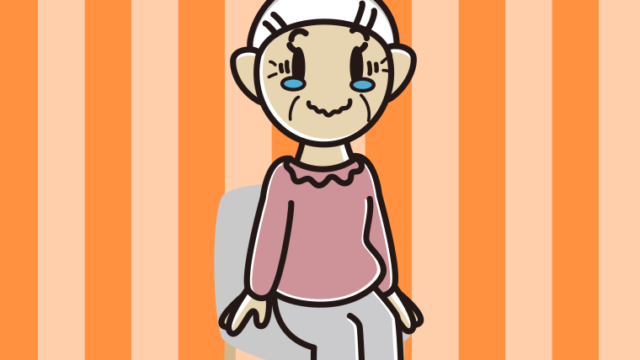 椅子でジーンとするおばあさんのイラスト【色、背景あり】PNG