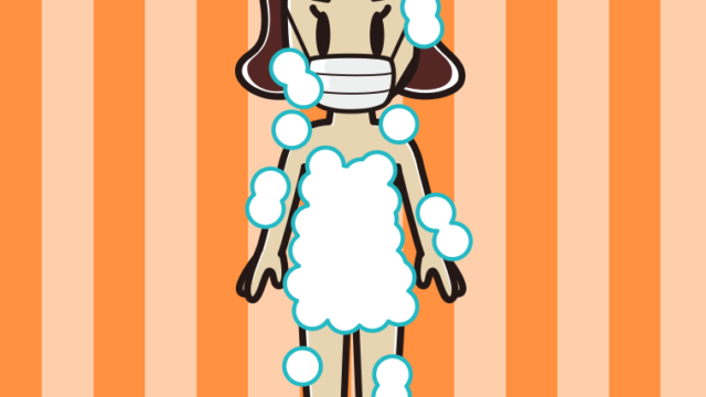 マスクをする泡だらけの女子高校生のイラスト【色、背景あり】PNG