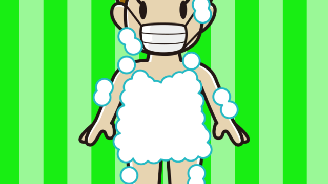 マスクをする泡だらけのおばさんのイラスト【色、背景あり】PNG