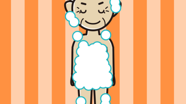 お辞儀する泡だらけのおばあさんのイラスト【色、背景あり】PNG