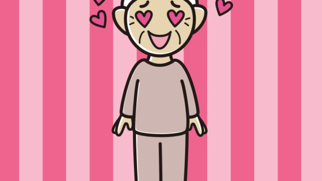 目がハートの部屋着のおばあさんのイラスト【色、背景あり】PNG