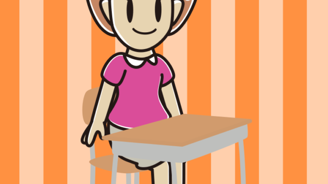 教室の席に座る女性のイラスト【色、背景あり】PNG