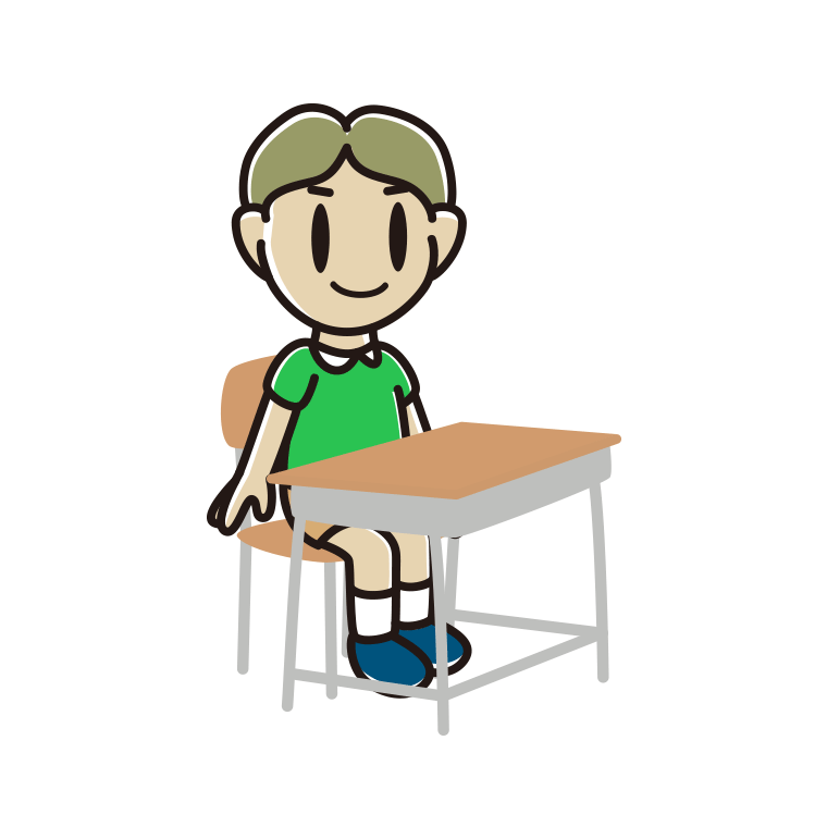 教室の席に座る小学生男子のイラスト【色あり、背景なし】透過PNG